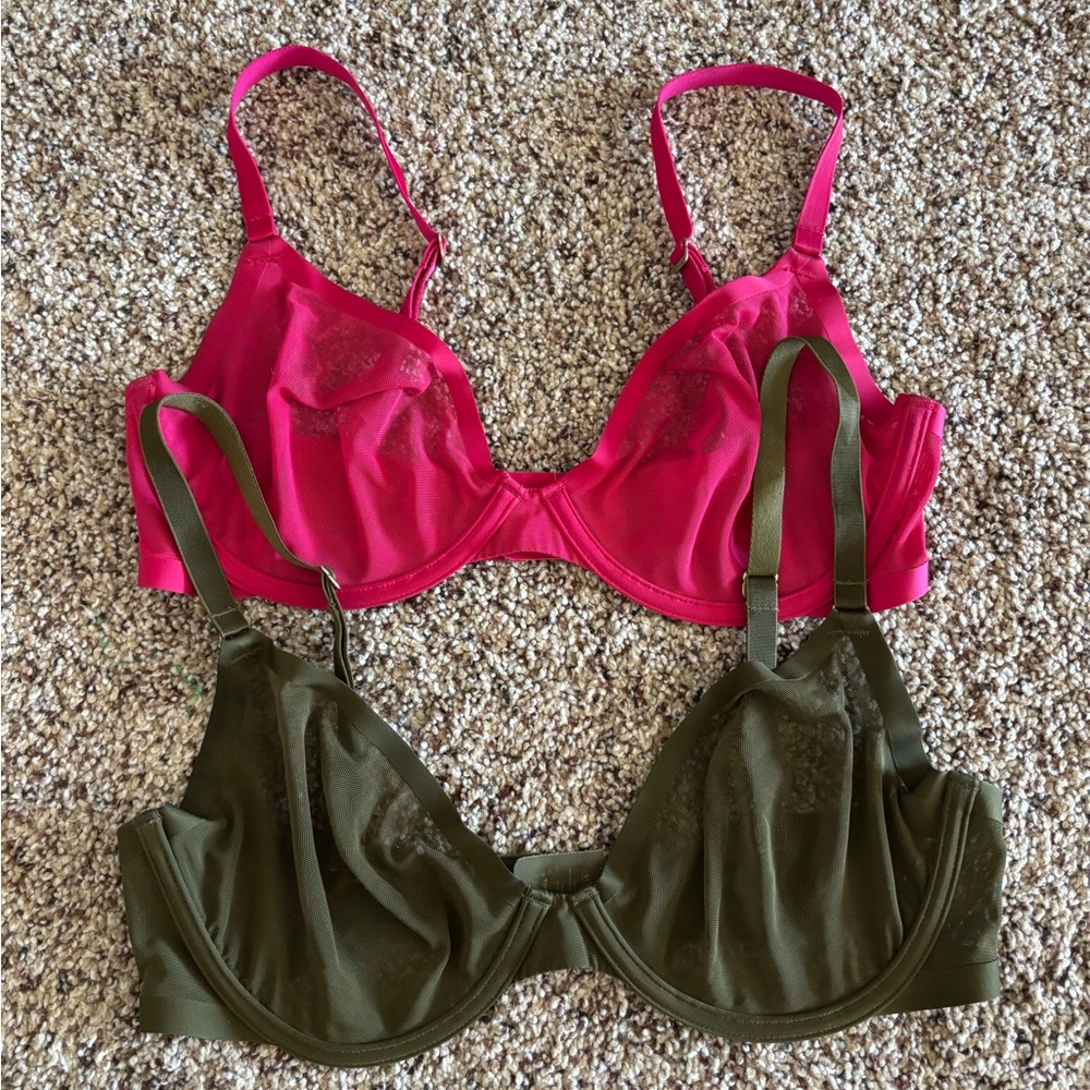 CUUP 32 E sheer plunge bras pink and green